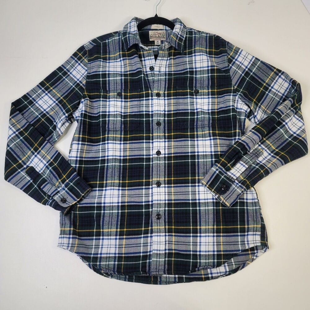 J.Crew Men's Mid-Weight Flannel Shirt M Green Blue Plaid 100% Cotton
